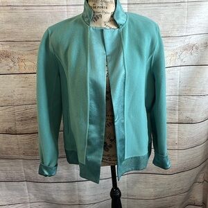 Linda Allard Ellen Tracy Blazer Wool Silk Trim Size 8 Teal Pockets
